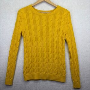NWT Lands End Womens Cable Knit Crewneck Sweater Mustard Yellow XS Cotton Preppy